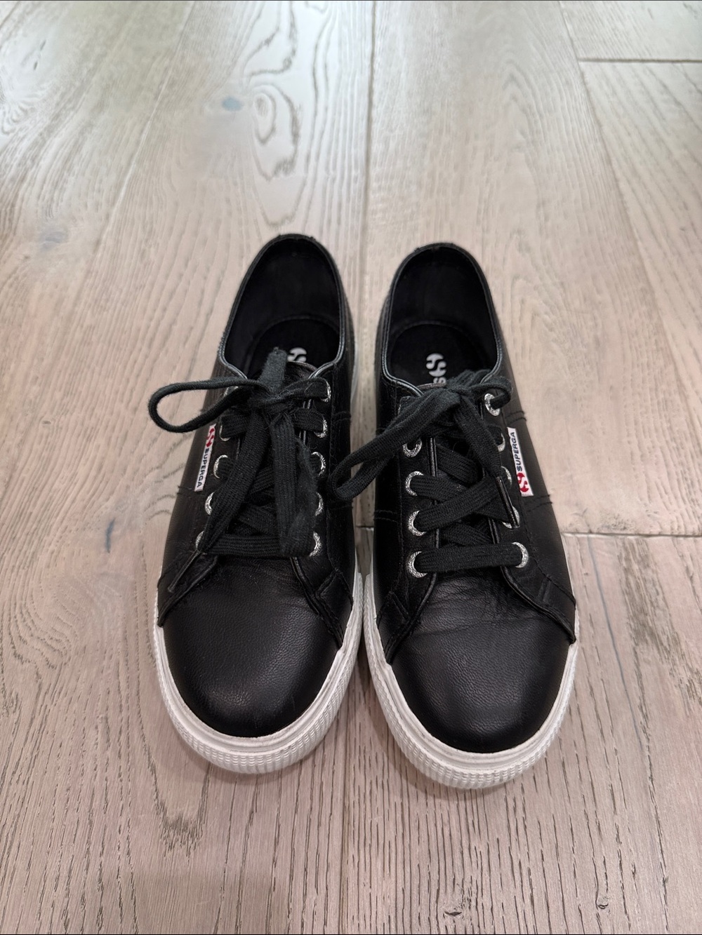Superga Black Leather Platform Lace-Up Sneakers